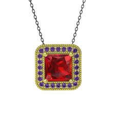 Esinti Kare Kolye - Garnet ve ametist 8 ayar altın kolye (40 cm gümüş rolo zincir) #twnatv