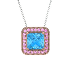 Akuamarin ve pembe kuvars 18 ayar rose altın kolye (40 cm beyaz altın rolo zincir)