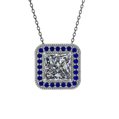 Esinti Kare Kolye - Swarovski ve lab safir 8 ayar beyaz altın kolye (40 cm gümüş rolo zincir) #u5mvyh