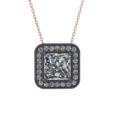 Esinti Kare Kolye - Beyaz zirkon ve pırlanta 925 ayar siyah rodyum kaplama gümüş kolye (0.264 karat, 40 cm rose altın rolo zincir) #udge4l