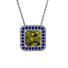 Peridot ve lab safir 8 ayar beyaz altın kolye (40 cm gümüş rolo zincir)