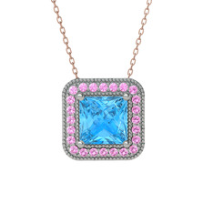 Akuamarin ve pembe kuvars 18 ayar beyaz altın kolye (40 cm rose altın rolo zincir)
