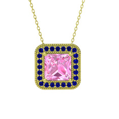 Pembe kuvars ve lab safir 14 ayar altın kolye (40 cm altın rolo zincir)