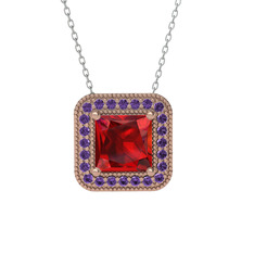Esinti Kare Kolye - Garnet ve ametist 18 ayar rose altın kolye (40 cm beyaz altın rolo zincir) #w056n4