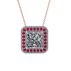 Beyaz zirkon ve rodolit garnet 8 ayar beyaz altın kolye (40 cm gümüş rolo zincir)