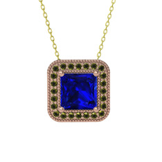 Esinti Kare Kolye - Lab safir ve peridot 8 ayar rose altın kolye (40 cm altın rolo zincir) #x41165