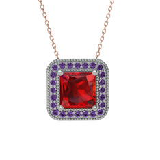 Esinti Kare Kolye - Garnet ve ametist 18 ayar beyaz altın kolye (40 cm rose altın rolo zincir) #xd2kkt