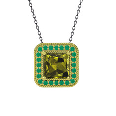 Esinti Kare Kolye - Peridot ve kök zümrüt 8 ayar altın kolye (40 cm gümüş rolo zincir) #xdw7et