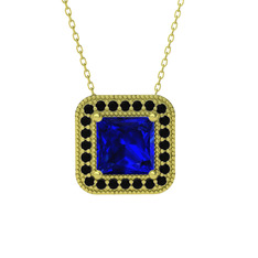 Esinti Kare Kolye - Lab safir ve siyah zirkon 14 ayar altın kolye (40 cm altın rolo zincir) #xnj9ih
