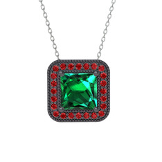 Esinti Kare Kolye - Yeşil kuvars ve garnet 925 ayar siyah rodyum kaplama gümüş kolye (40 cm beyaz altın rolo zincir) #xpzb5z