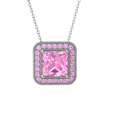 Pembe kuvars 8 ayar beyaz altın kolye (40 cm beyaz altın rolo zincir)