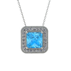 Esinti Kare Kolye - Akuamarin ve swarovski 8 ayar beyaz altın kolye (40 cm beyaz altın rolo zincir) #zmdv52