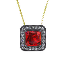 Esinti Kare Kolye - Garnet ve beyaz zirkon 925 ayar siyah rodyum kaplama gümüş kolye (40 cm altın rolo zincir) #ztqmik