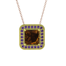 Esinti Kare Kolye - Dumanlı kuvars ve ametist 14 ayar altın kolye (40 cm rose altın rolo zincir) #zwrylc