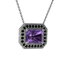 Esinti Dikdörtgen Kolye - Ametist ve siyah zirkon 925 ayar gümüş kolye (40 cm gümüş rolo zincir) #10amolo