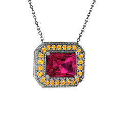 Esinti Dikdörtgen Kolye - Rodolit garnet ve sitrin 925 ayar gümüş kolye (40 cm gümüş rolo zincir) #10ggsue