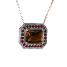 Esinti Dikdörtgen Kolye - Dumanlı kuvars ve kök yakut 925 ayar gümüş kolye (40 cm rose altın rolo zincir) #10p1e4f
