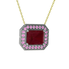 Kök yakut ve pembe kuvars 14 ayar beyaz altın kolye (40 cm gümüş rolo zincir)