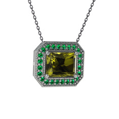 Peridot ve yeşil kuvars 14 ayar beyaz altın kolye (40 cm gümüş rolo zincir)