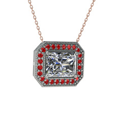 Esinti Dikdörtgen Kolye - Beyaz zirkon ve garnet 18 ayar beyaz altın kolye (40 cm rose altın rolo zincir) #11dsxup