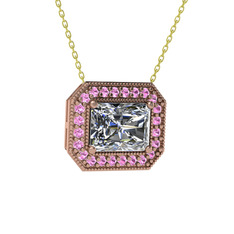 Esinti Dikdörtgen Kolye - Swarovski ve pembe kuvars 8 ayar rose altın kolye (40 cm altın rolo zincir) #11my3of