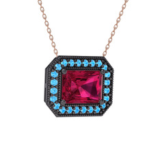 Esinti Dikdörtgen Kolye - Rodolit garnet ve akuamarin 925 ayar siyah rodyum kaplama gümüş kolye (40 cm rose altın rolo zincir) #11tllfl