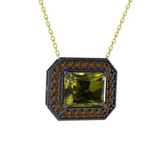 Peridot ve dumanlı kuvars 925 ayar siyah rodyum kaplama gümüş kolye (40 cm altın rolo zincir)