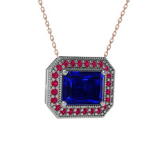 Esinti Dikdörtgen Kolye - Lab safir ve rodolit garnet 14 ayar beyaz altın kolye (40 cm rose altın rolo zincir) #129jppb