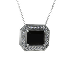 Esinti Dikdörtgen Kolye - Siyah zirkon ve swarovski 8 ayar beyaz altın kolye (40 cm beyaz altın rolo zincir) #12amyyo