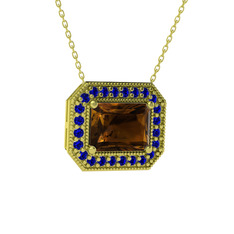 Dumanlı kuvars ve lab safir 8 ayar altın kolye (40 cm gümüş rolo zincir)