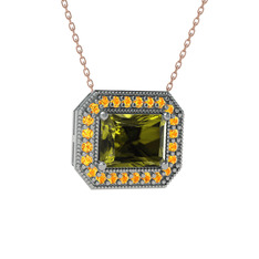 Peridot ve sitrin 8 ayar beyaz altın kolye (40 cm rose altın rolo zincir)