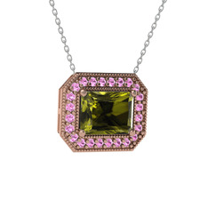 Esinti Dikdörtgen Kolye - Peridot ve pembe kuvars 18 ayar rose altın kolye (40 cm beyaz altın rolo zincir) #12qg0ej