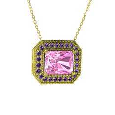 Esinti Dikdörtgen Kolye - Pembe kuvars ve ametist 925 ayar altın kaplama gümüş kolye (40 cm gümüş rolo zincir) #13287fx