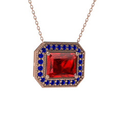 Esinti Dikdörtgen Kolye - Garnet ve lab safir 14 ayar rose altın kolye (40 cm rose altın rolo zincir) #137nr3d