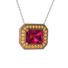 Esinti Dikdörtgen Kolye - Rodolit garnet ve sitrin 925 ayar rose altın kaplama gümüş kolye (40 cm beyaz altın rolo zincir) #13lt5ah