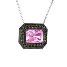 Esinti Dikdörtgen Kolye - Pembe kuvars ve peridot 925 ayar siyah rodyum kaplama gümüş kolye (40 cm gümüş rolo zincir) #13roua9