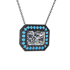 Esinti Dikdörtgen Kolye - Beyaz zirkon ve akuamarin 925 ayar siyah rodyum kaplama gümüş kolye (40 cm gümüş rolo zincir) #13utwwj