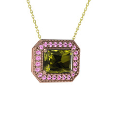 Esinti Dikdörtgen Kolye - Peridot ve pembe kuvars 14 ayar rose altın kolye (40 cm altın rolo zincir) #148k37z