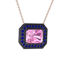Pembe kuvars ve lab safir 925 ayar siyah rodyum kaplama gümüş kolye (40 cm rose altın rolo zincir)