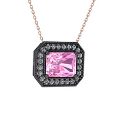 Esinti Dikdörtgen Kolye - Pembe kuvars ve pırlanta 925 ayar siyah rodyum kaplama gümüş kolye (0.253 karat, 40 cm rose altın rolo zincir) #14e539z