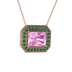 Esinti Dikdörtgen Kolye - Pembe kuvars ve yeşil kuvars 8 ayar rose altın kolye (40 cm rose altın rolo zincir) #14rjjl4