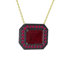 Esinti Dikdörtgen Kolye - Kök yakut ve rodolit garnet 925 ayar siyah rodyum kaplama gümüş kolye (40 cm gümüş rolo zincir) #14rkui2