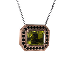 Esinti Dikdörtgen Kolye - Peridot ve siyah zirkon 14 ayar rose altın kolye (40 cm gümüş rolo zincir) #14szg2t