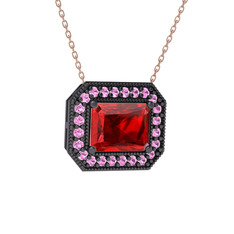 Esinti Dikdörtgen Kolye - Garnet ve pembe kuvars 925 ayar siyah rodyum kaplama gümüş kolye (40 cm rose altın rolo zincir) #14z6q90
