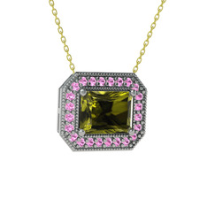 Esinti Dikdörtgen Kolye - Peridot ve pembe kuvars 8 ayar beyaz altın kolye (40 cm altın rolo zincir) #152wl3i