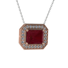Kök yakut ve beyaz zirkon 925 ayar rose altın kaplama gümüş kolye (40 cm beyaz altın rolo zincir)