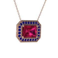 Esinti Dikdörtgen Kolye - Rodolit garnet ve lab safir 925 ayar rose altın kaplama gümüş kolye (40 cm rose altın rolo zincir) #15stqvi