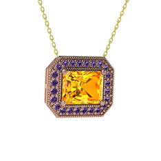 Esinti Dikdörtgen Kolye - Sitrin ve ametist 925 ayar rose altın kaplama gümüş kolye (40 cm altın rolo zincir) #165uukl