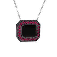 Siyah zirkon ve rodolit garnet 925 ayar siyah rodyum kaplama gümüş kolye (40 cm gümüş rolo zincir)