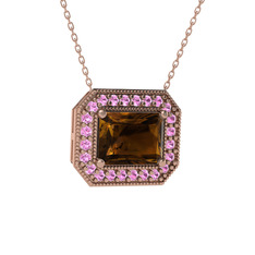 Esinti Dikdörtgen Kolye - Dumanlı kuvars ve pembe kuvars 8 ayar rose altın kolye (40 cm rose altın rolo zincir) #16mq9j7